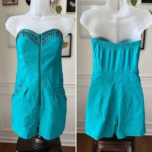 Vintage Y2K Carmin Los Angeles Teal Strapless Stud Romper Shorts Zips In Front M